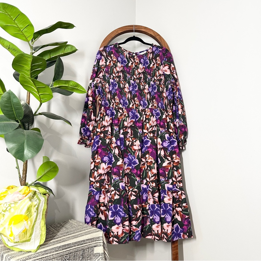 Terra & Sky 2X Dark Moody Floral Cotton Smocked Long Sleeve Tiered Midi Dress